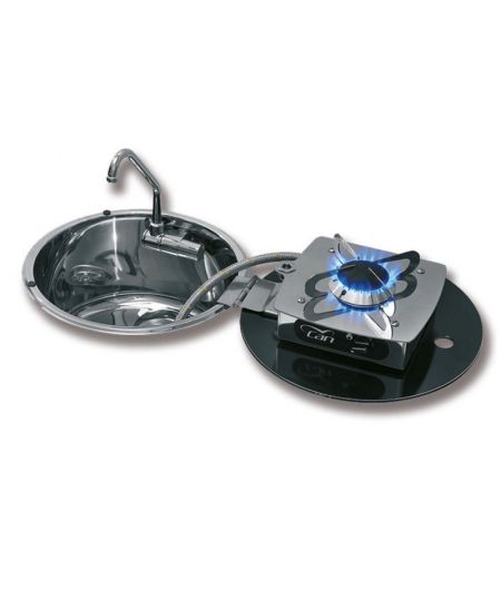 Evier rond avec plaque de cuisson escamotable
