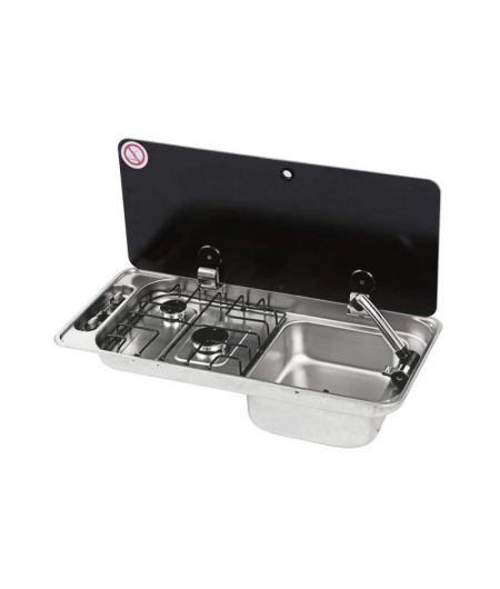 Plaque de cuisson 2 feux et evier avec couvercle - évier à gauche - avec bonde et robinet