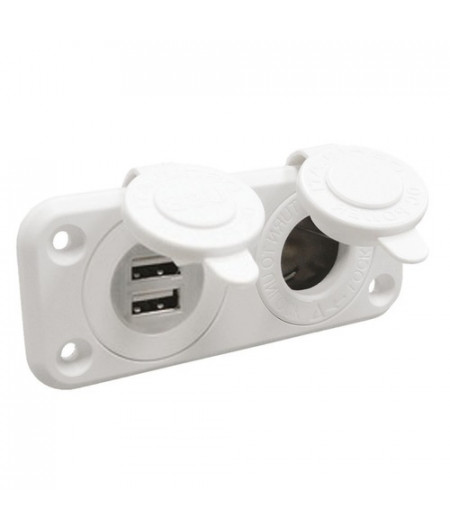 Prise allume-cigare + double prise USB - blanche