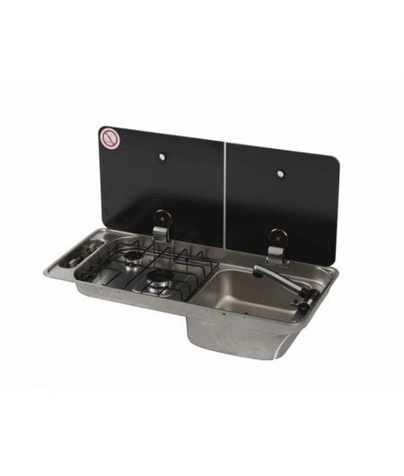 Plaque de cuisson 2 feux et évier - 2 couvercles - evier à droite - sans bonde ni robinet